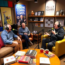 A cozy, inviting podcast studio featuring middle-aged hosts discussing various topics, surrounded by microphones, colorful soundproof panels, and warm lighting