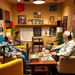 A cozy, inviting podcast studio featuring middle-aged hosts discussing various topics, surrounded by microphones, colorful soundproof panels, and warm lighting