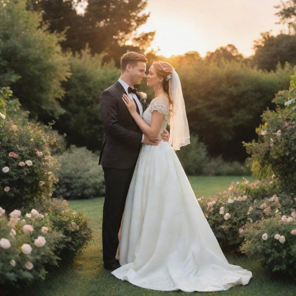 A loving couple on their wedding day, both dressed in elegant wedding attire, standing in a lush garden under a beautiful sunset