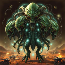 A powerful alien collective known as the Thandor, a hive-mind race that assimilates other species, showcasing a visually striking representation of their unique nature