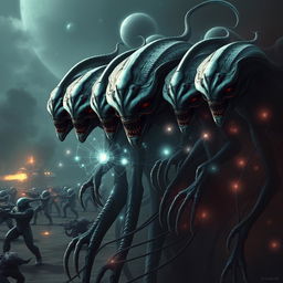 A powerful alien collective known as the Thandor, a hive-mind race that assimilates other species, showcasing a visually striking representation of their unique nature