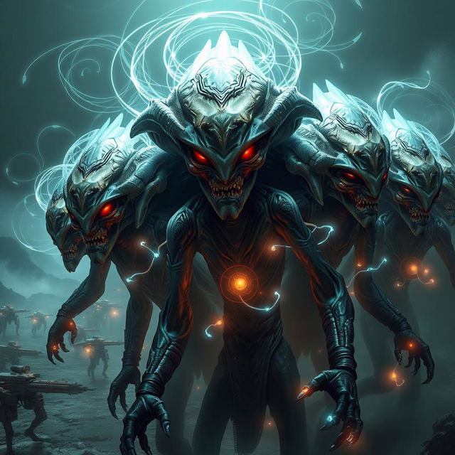 A powerful alien collective known as the Thandor, a hive-mind race that assimilates other species, showcasing a visually striking representation of their unique nature