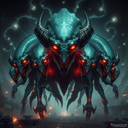 A powerful alien collective known as the Thandor, a hive-mind race that assimilates other species, showcasing a visually striking representation of their unique nature