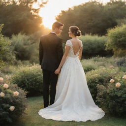 A loving couple on their wedding day, both dressed in elegant wedding attire, standing in a lush garden under a beautiful sunset