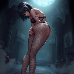 A gothic anime girl with big thighs and small breasts, semi-naked, wearing fishnet tights that extend from her feet to her waist