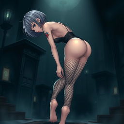 A gothic anime girl with big thighs and small breasts, semi-naked, wearing fishnet tights that extend from her feet to her waist