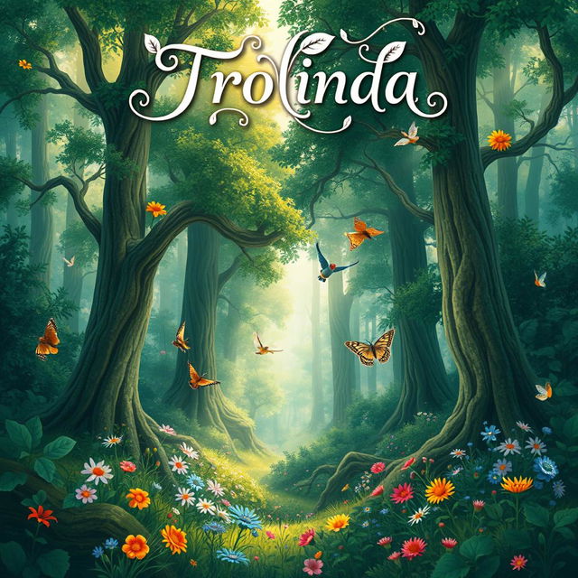 A beautifully illustrated book cover titled 'Trolinda' featuring an enchanting forest scene