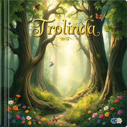 A beautifully illustrated book cover titled 'Trolinda' featuring an enchanting forest scene