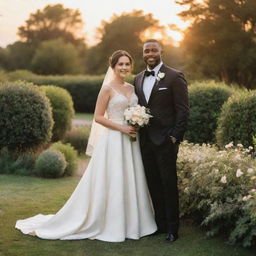 A loving couple on their wedding day, both dressed in elegant wedding attire, standing in a lush garden under a beautiful sunset