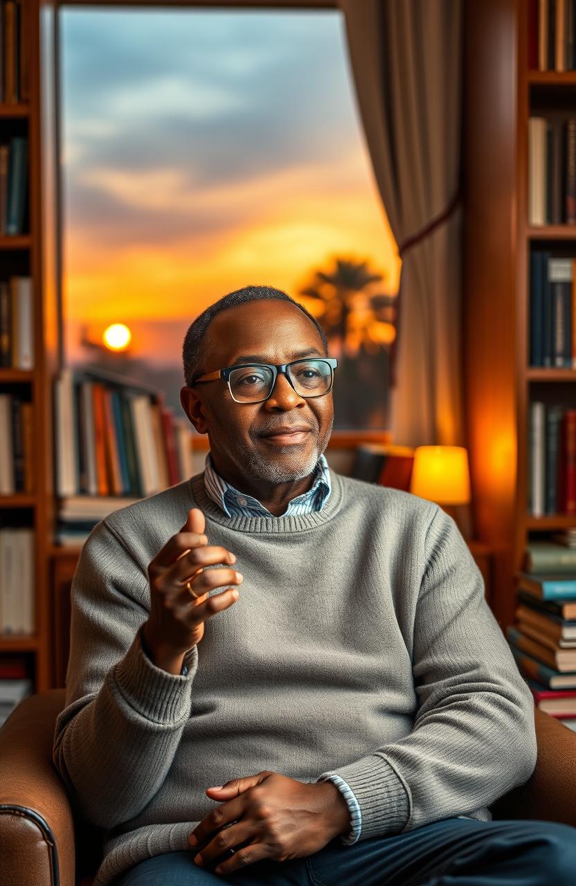 An inspiring and reflective portrait of a thoughtful author, Victor Mnyenyembe, sitting in a cozy study filled with books, surrounded by warm lighting