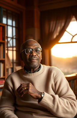 An inspiring and reflective portrait of a thoughtful author, Victor Mnyenyembe, sitting in a cozy study filled with books, surrounded by warm lighting