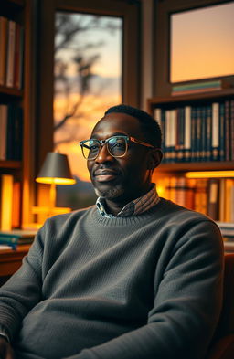 An inspiring and reflective portrait of a thoughtful author, Victor Mnyenyembe, sitting in a cozy study filled with books, surrounded by warm lighting