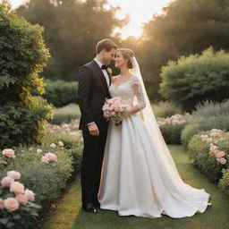 A loving couple on their wedding day, both dressed in elegant wedding attire, standing in a lush garden under a beautiful sunset