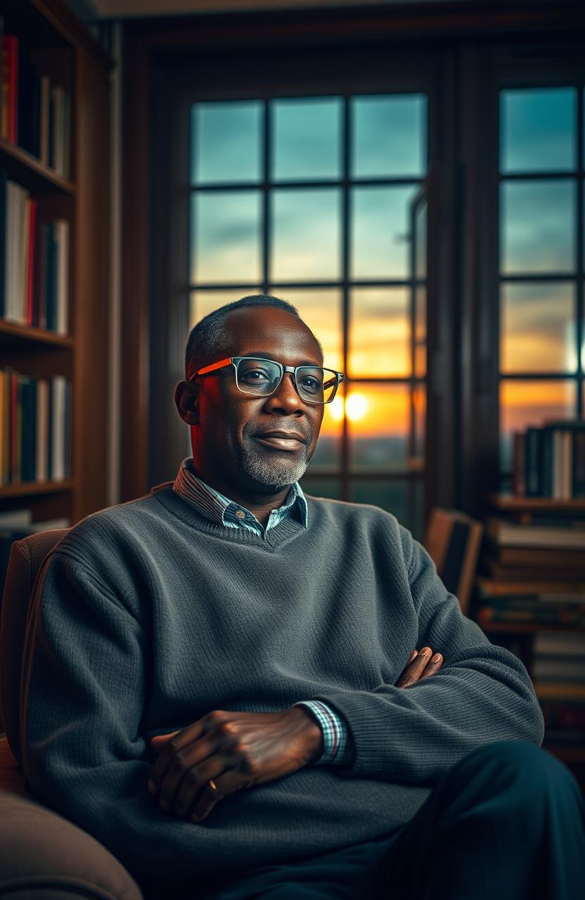 An inspiring and reflective portrait of a thoughtful author, Victor Mnyenyembe, sitting in a cozy study filled with books, surrounded by warm lighting