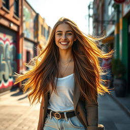 A stylish and confident young woman with long, flowing hair and a warm smile, dressed in trendy, youthful clothing that showcases her vibrant personality