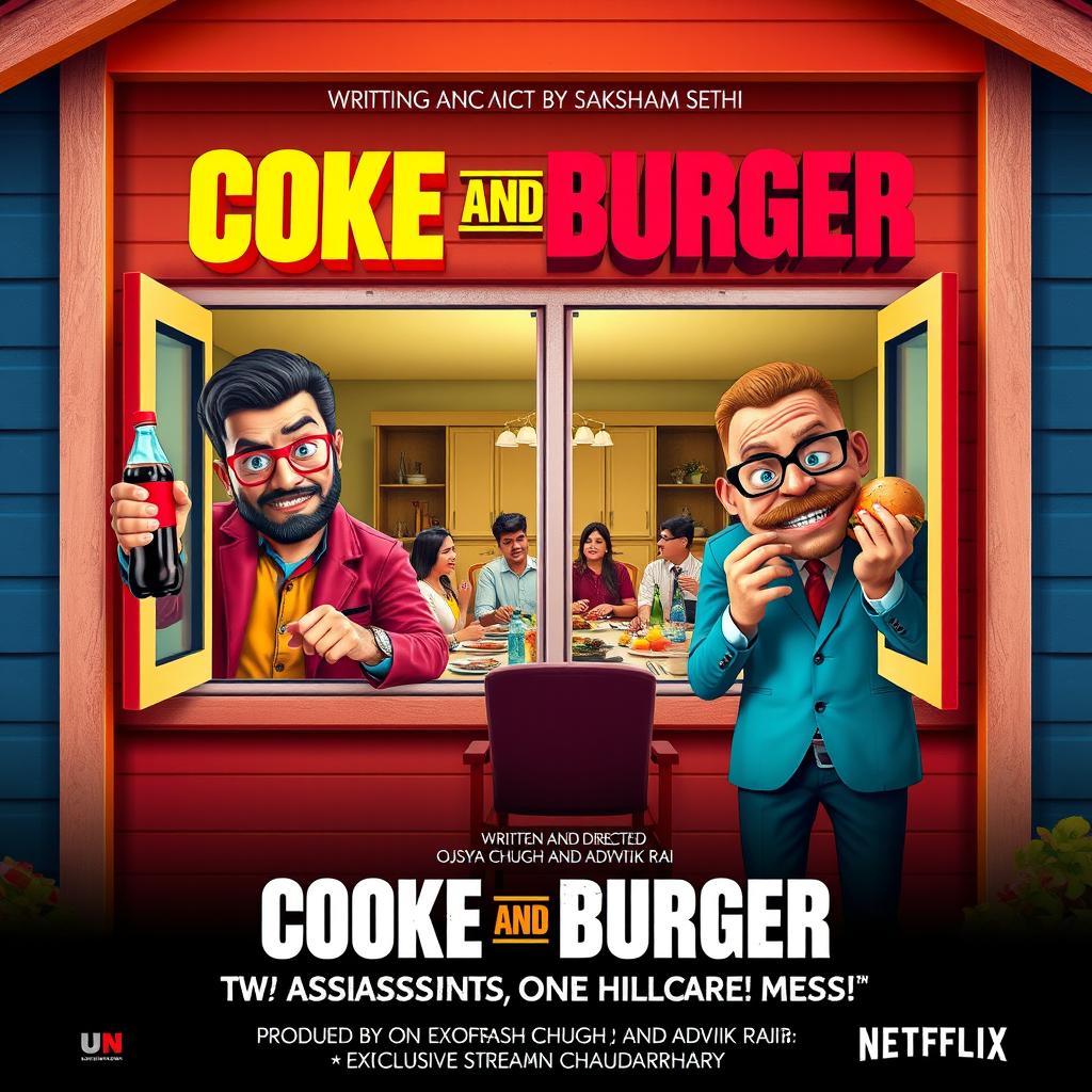 A vibrant movie poster for the action-comedy film 'Coke and Burger'