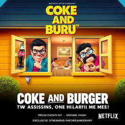 A vibrant movie poster for the action-comedy film 'Coke and Burger'