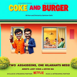 A vibrant movie poster for the action-comedy film 'Coke and Burger'