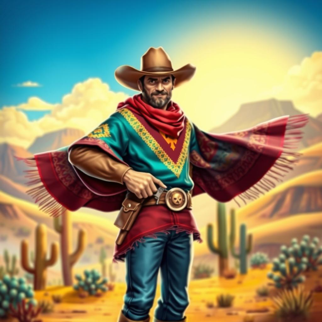 A captivating image of a cowboy wearing a colorful poncho, set in a dynamic video game art style