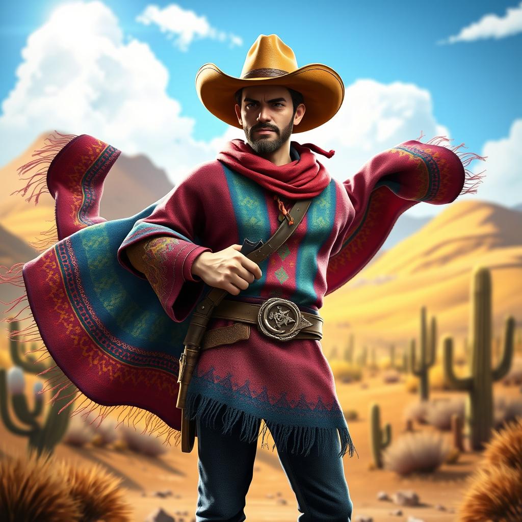 A captivating image of a cowboy wearing a colorful poncho, set in a dynamic video game art style