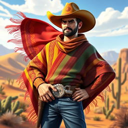 A captivating image of a cowboy wearing a colorful poncho, set in a dynamic video game art style