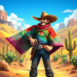 A captivating image of a cowboy wearing a colorful poncho, set in a dynamic video game art style