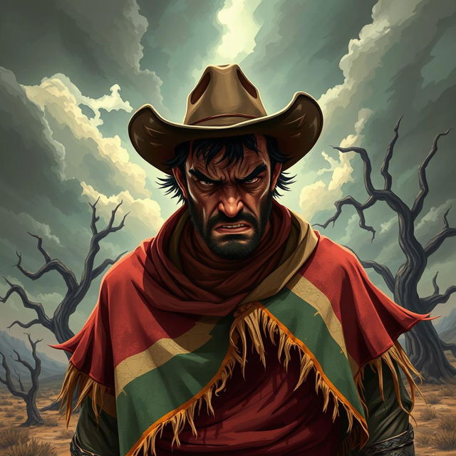 An intense image of a disturbed cowboy wearing a tattered poncho, set in a vibrant video game art style