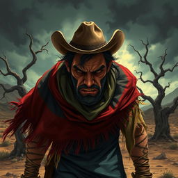 An intense image of a disturbed cowboy wearing a tattered poncho, set in a vibrant video game art style