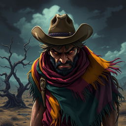 An intense image of a disturbed cowboy wearing a tattered poncho, set in a vibrant video game art style