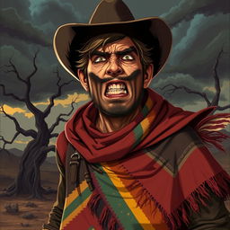 An intense image of a disturbed cowboy wearing a tattered poncho, set in a vibrant video game art style