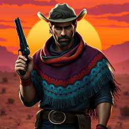 An intriguing image of a scarred cowboy wearing a colorful poncho, depicted in a stylized video game art style