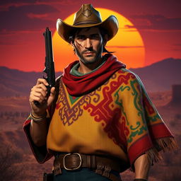 An intriguing image of a scarred cowboy wearing a colorful poncho, depicted in a stylized video game art style