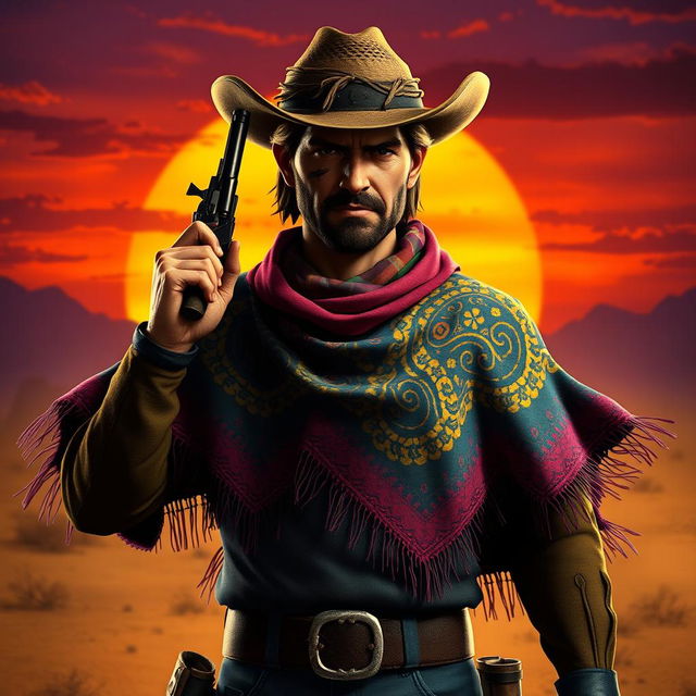 An intriguing image of a scarred cowboy wearing a colorful poncho, depicted in a stylized video game art style