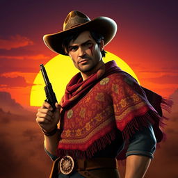 An intriguing image of a scarred cowboy wearing a colorful poncho, depicted in a stylized video game art style