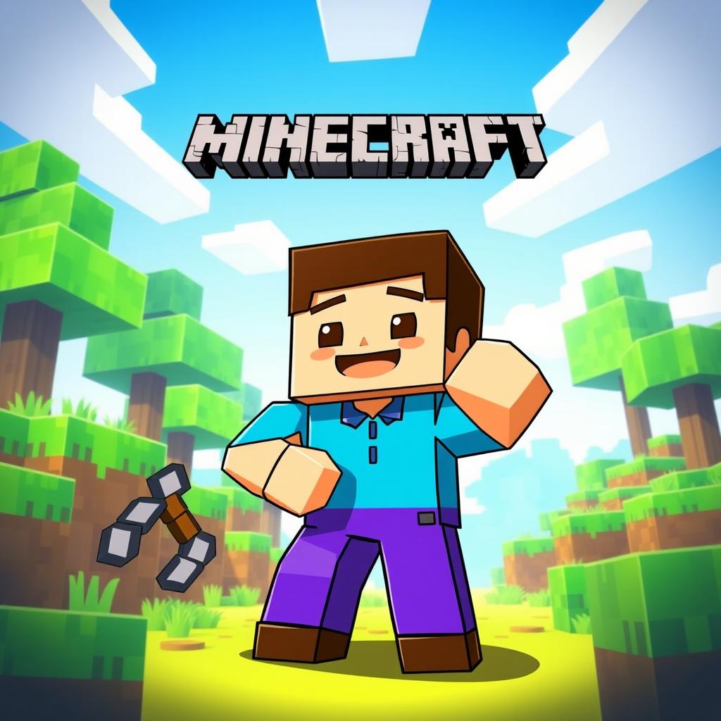 An animated depiction of Steve from Minecraft standing in a vibrant, blocky Minecraft world