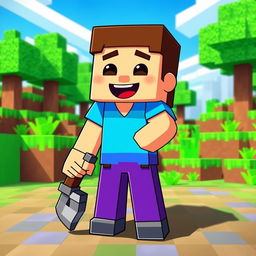 An animated depiction of Steve from Minecraft standing in a vibrant, blocky Minecraft world