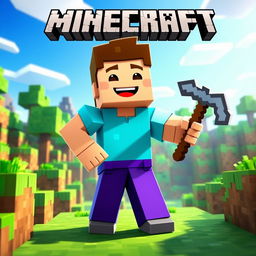 An animated depiction of Steve from Minecraft standing in a vibrant, blocky Minecraft world