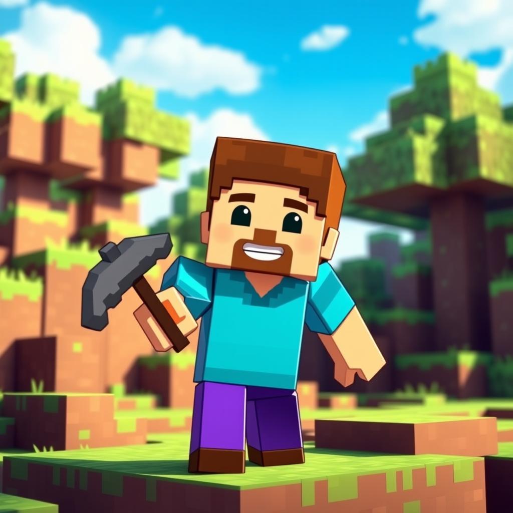 An animated depiction of Steve from Minecraft standing in a vibrant, blocky Minecraft world