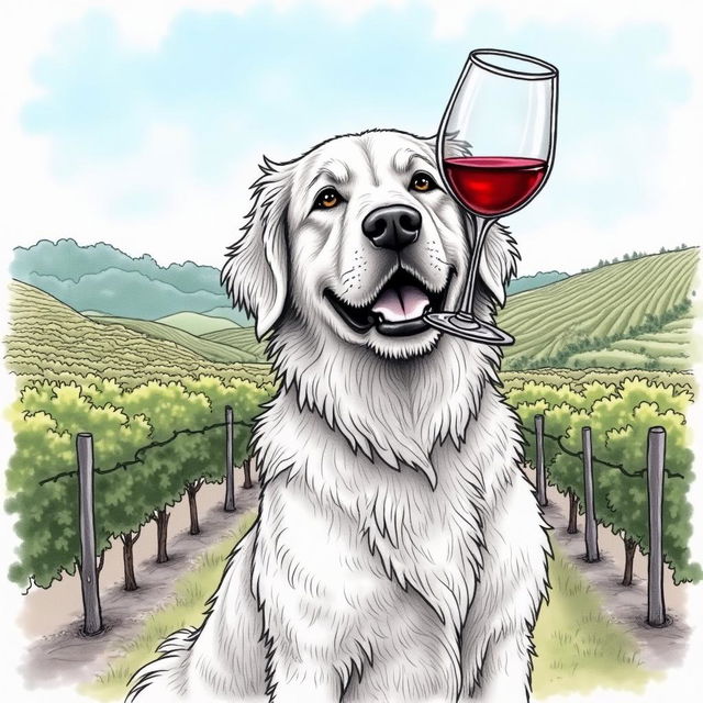 An artistic pencil sketch of a dog joyfully holding a glass of wine in its mouth, set against a stunning backdrop of a lush vineyard