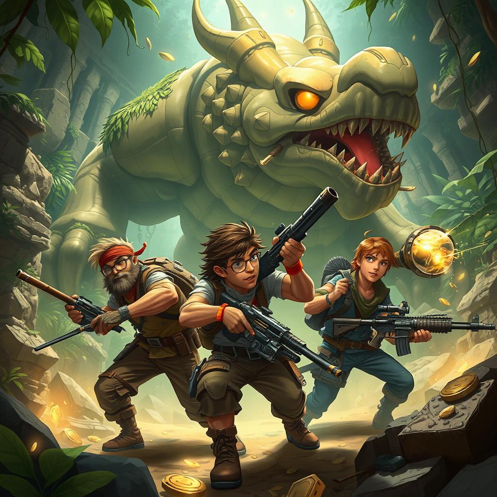 An action-packed scene featuring a group of treasure hunters engaged in a fierce battle, depicted in an exciting game art style