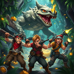 An action-packed scene featuring a group of treasure hunters engaged in a fierce battle, depicted in an exciting game art style