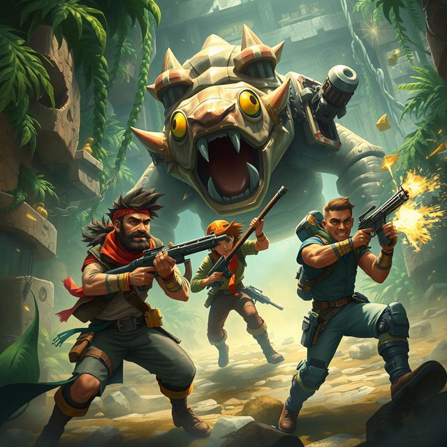 An action-packed scene featuring a group of treasure hunters engaged in a fierce battle, depicted in an exciting game art style