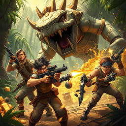 An action-packed scene featuring a group of treasure hunters engaged in a fierce battle, depicted in an exciting game art style