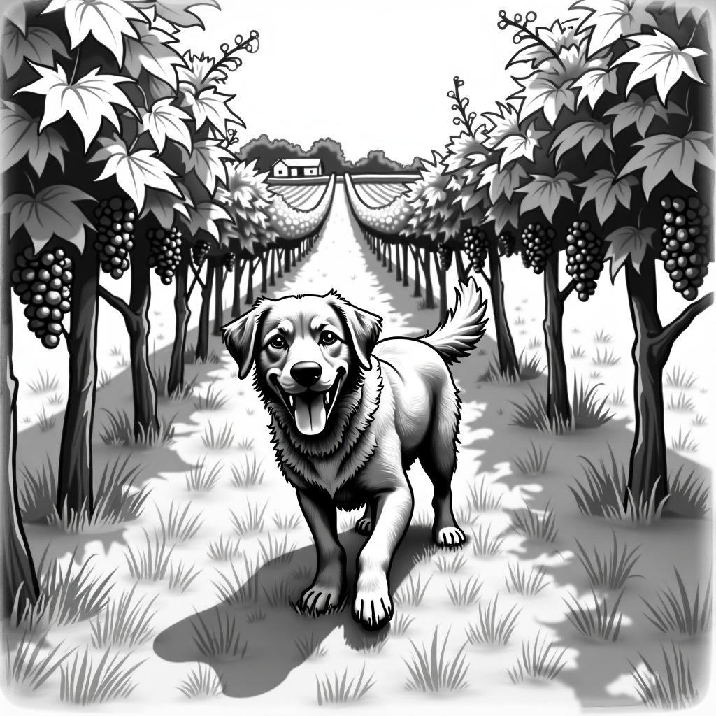 A sketchy pencil line drawing of a playful dog exploring a vineyard, surrounded by lush green grapevines with hanging clusters of grapes, showcasing a sunny day and a distant farmhouse in the background