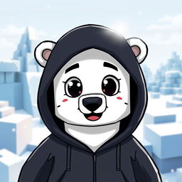 A cartoon-style polar bear wearing a black hoodie, designed in a Minecraft-inspired blocky art style