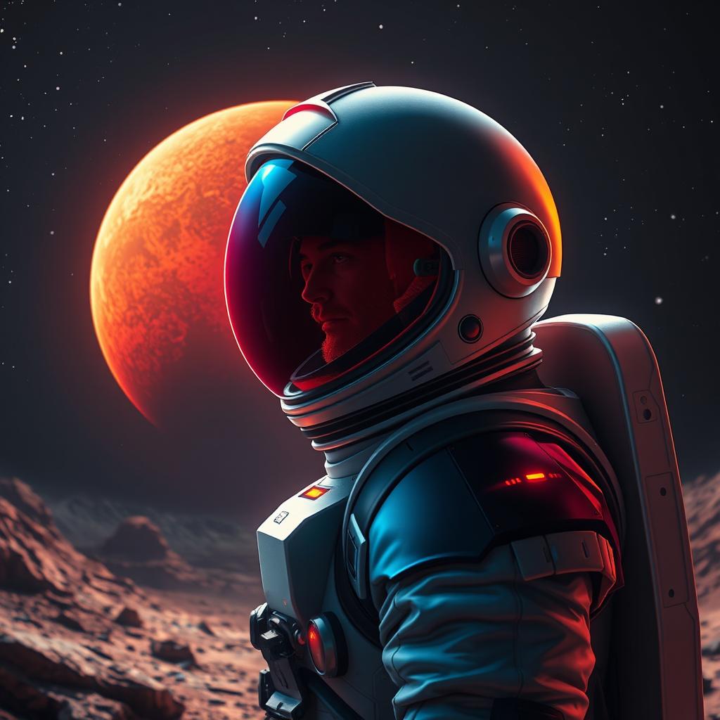 A visually captivating image of an astronaut gazing towards Mars, depicted in a vibrant game art style