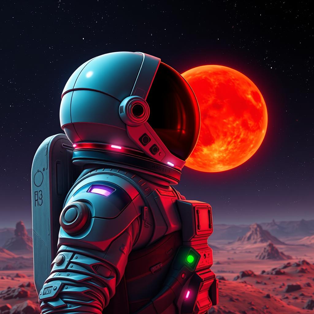 A visually captivating image of an astronaut gazing towards Mars, depicted in a vibrant game art style