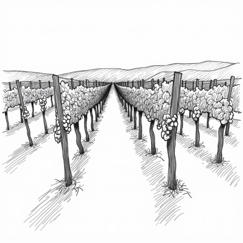 An extreme abstract line-art sketch of a vineyard, featuring minimalist representations of vines, grapes, and trellises