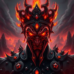 An imposing image of a Hell King character staring directly at the camera, styled in a captivating game art aesthetic