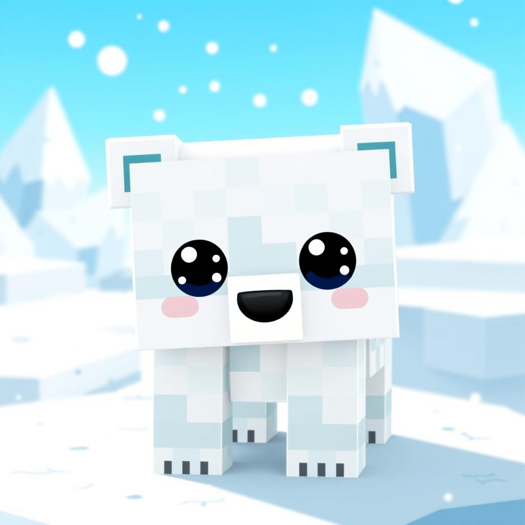 A cute animated polar bear designed in the Minecraft style, featuring pixelated textures and blocky shapes